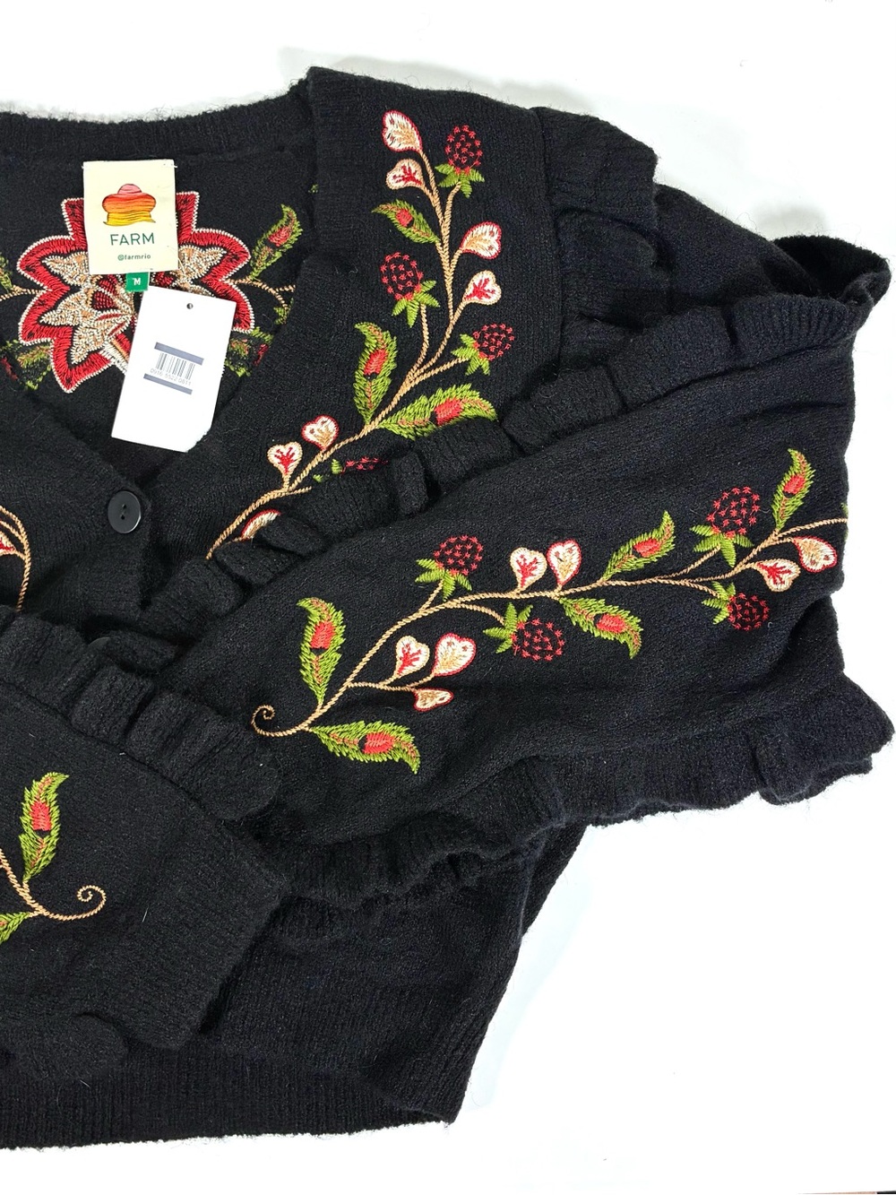 Farm Rio Berry Embroidered Ruffle Cardigan Black Medium NEW - Picture 16 of 16